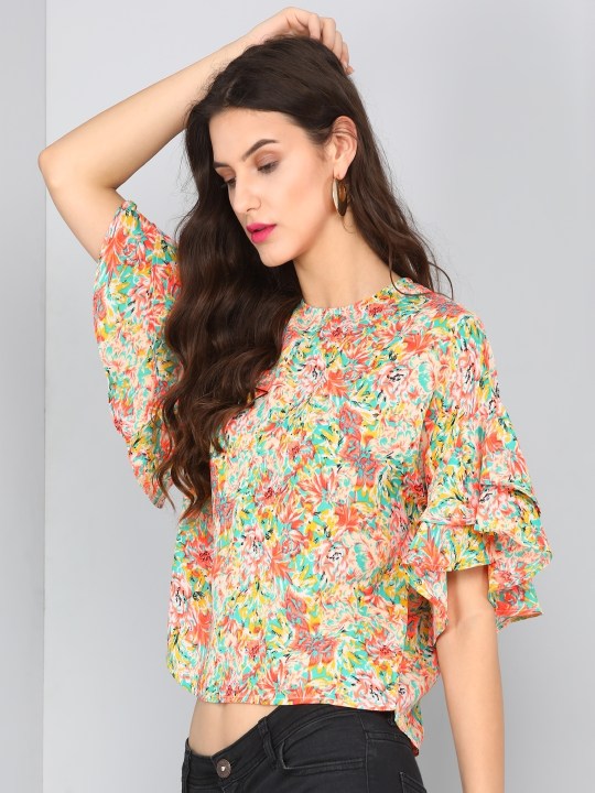 Neon Orange Green Floral Print Flared Sleeves Top – DIVAWALK  Online  Shopping for Designer Jewellery, Clothing, Handbags in India