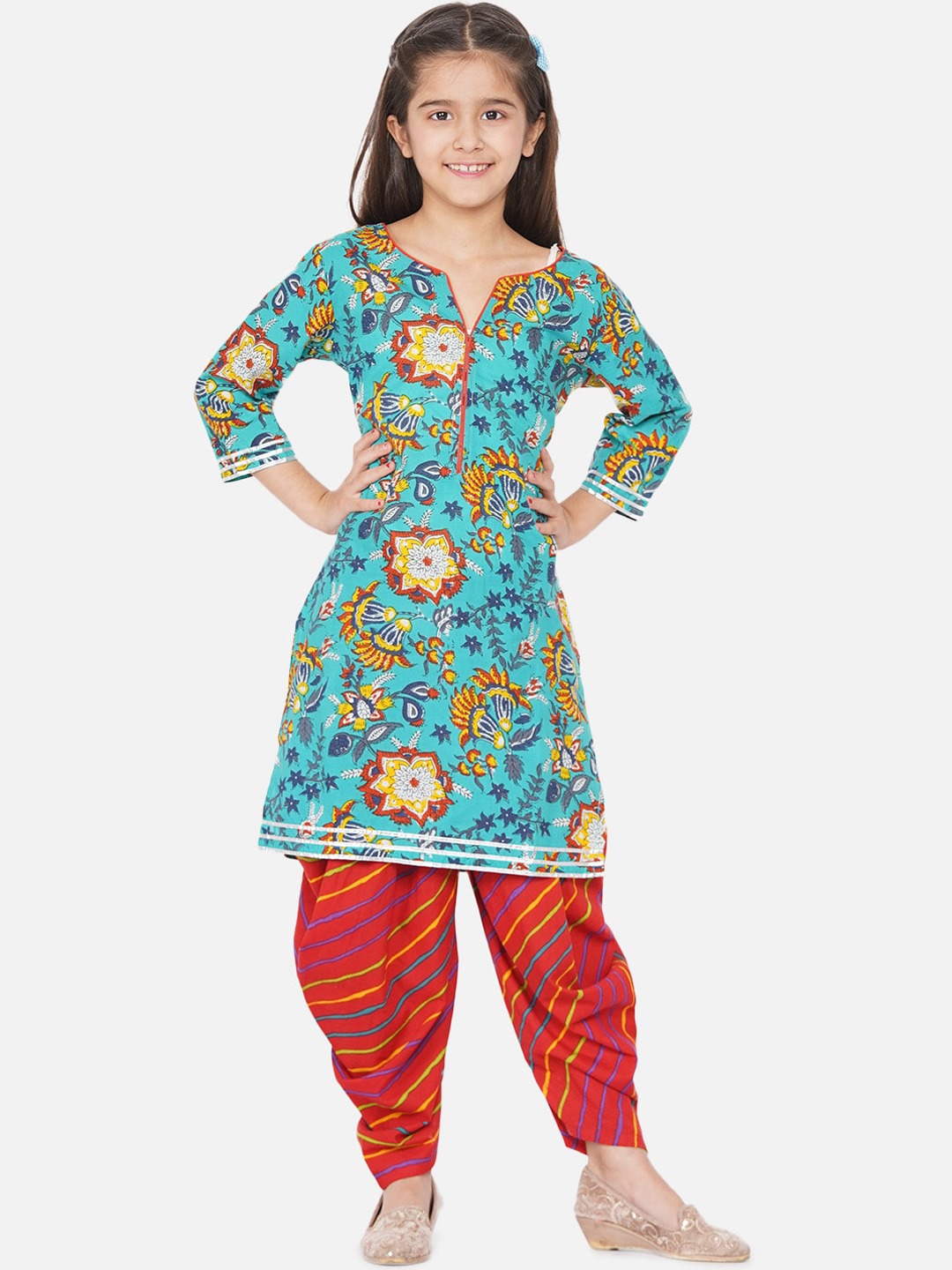 KID1 Girls Blue & Mustard Yellow Printed Cotton Kurti with Dhoti Pants &  Accessories - Absolutely Desi
