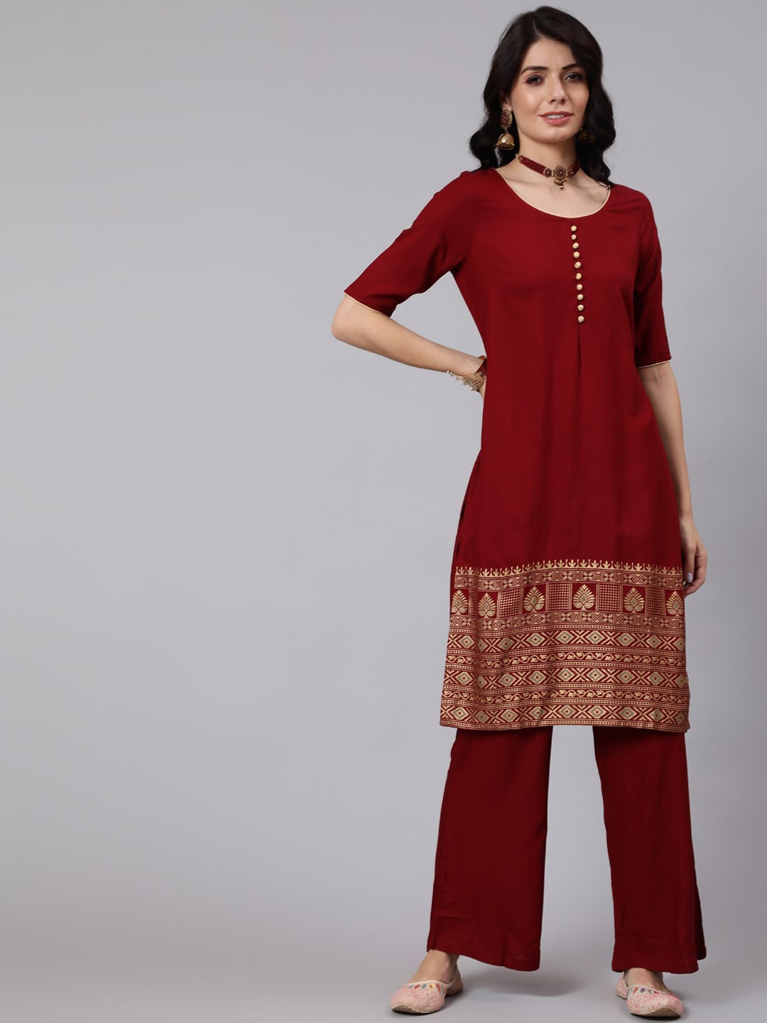 Maroon georgette kurta with hand embroidery golden palazzo  plain gold  dupatta  mapxencaRS