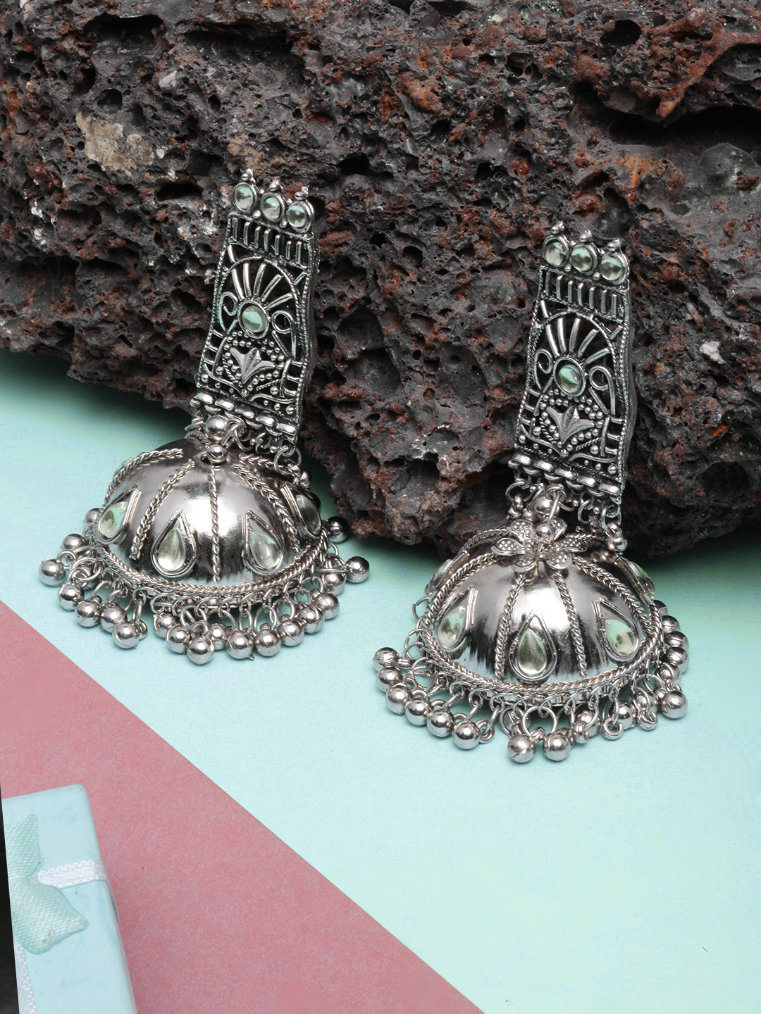 Jewelopia Oxidised Silver Jhumki Earrings German Silver Oxidized Flora –  JEWELOPIA