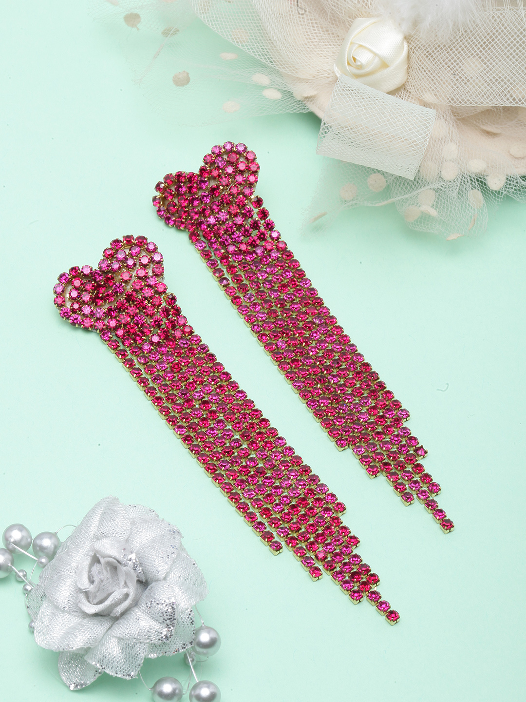 Vembley Korean Long Double Chain Crystal Zircon Studded Tassel Earrings For  Women And Girls 2 Pcs/